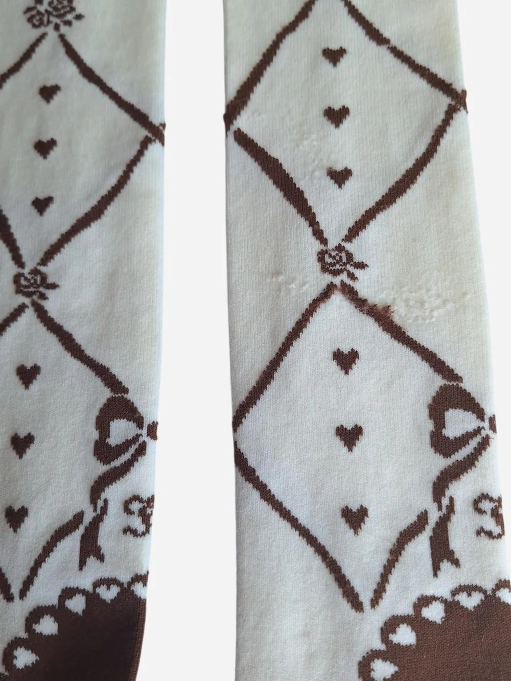 Innocent World Ivory Brown Ballet Ribbon Hearts OTK Socks | Classic Lolita